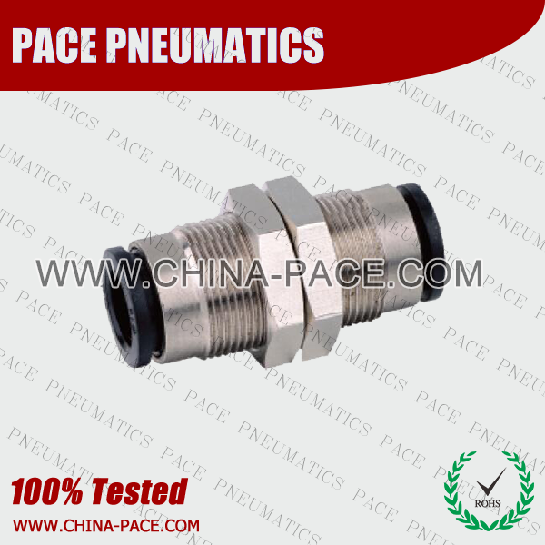 Union Bulkhead Brass Body Push In Fittings With Plastic Sleeve, Nickel Plated Brass Push in Fittings